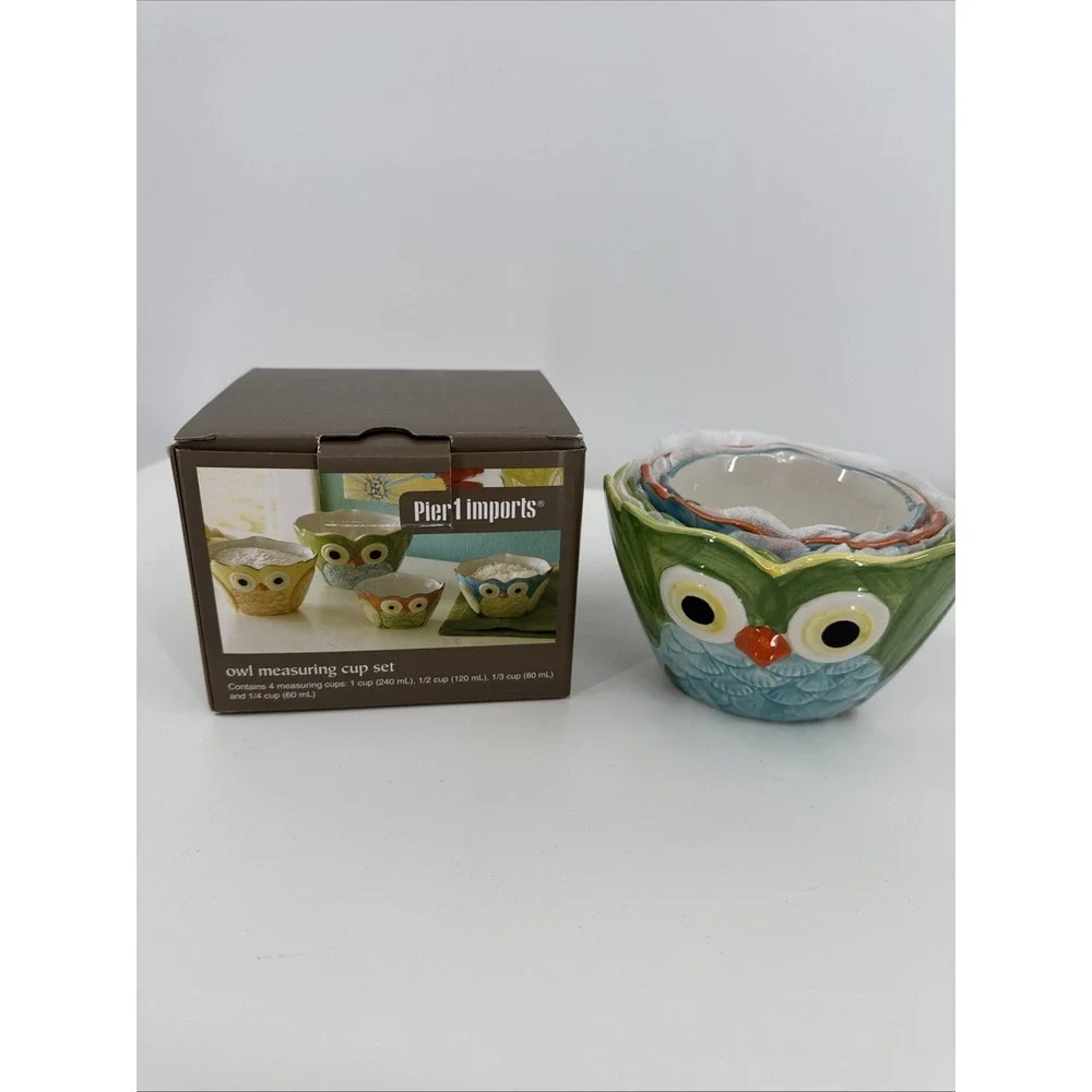 Pier 1 Owl Ceramic Measuring Cup 4‎ Piece Set Brand New.  Adorable